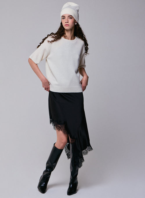 White Round Neck Short Sleeve Merino Wool Sweater - MAJESTIC FILATURES