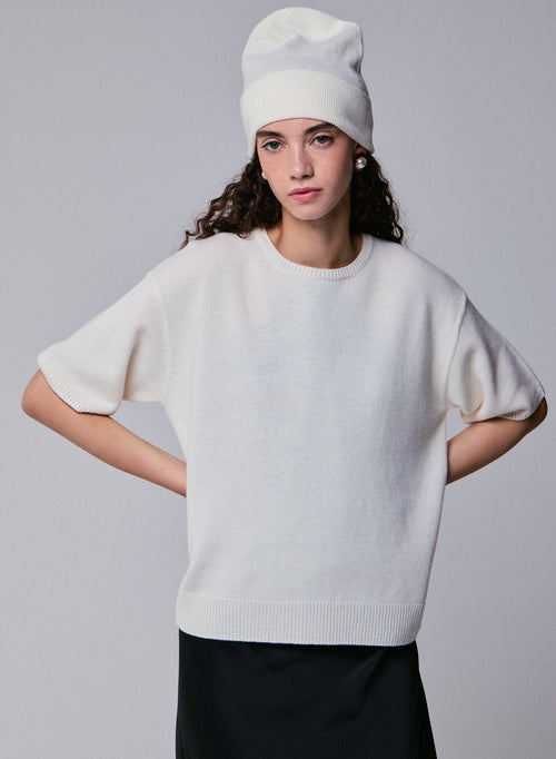 White Round Neck Short Sleeve Merino Wool Sweater - MAJESTIC FILATURES