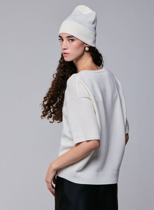 White Round Neck Short Sleeve Merino Wool Sweater - MAJESTIC FILATURES