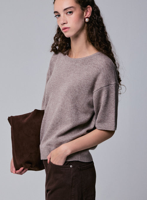 Beige Round Neck Short Sleeve Merino Wool Sweater - MAJESTIC FILATURES