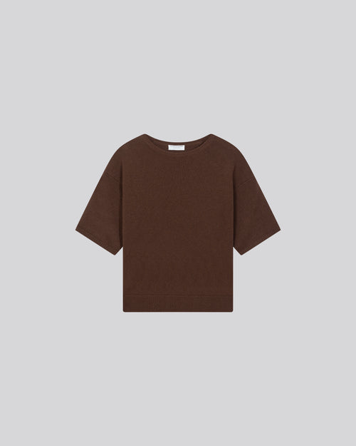Brown Round Neck Short Sleeve Merino Wool Sweater - MAJESTIC FILATURES