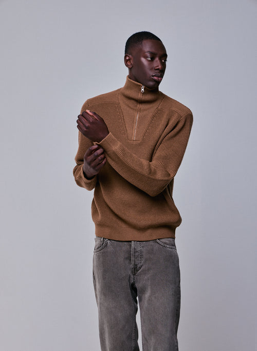 Pull Marron Col Montant Manches Longues en Laine merinos - MAJESTIC FILATURES