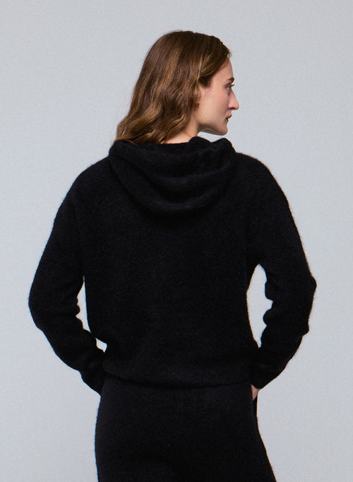 Schwarzer Kapuzenpullover mit langen Ärmeln aus Alpaka / Polyamid / Elasthan - MAJESTIC FILATURES