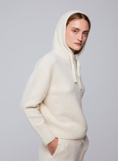 White hooded sweater with long sleeves in alpaca / polyamide / elastane - MAJESTIC FILATURES