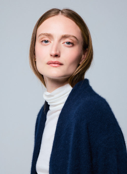 Gilet Marine Col Châle Manches Longues en Laine / Fox / Polyamide - MAJESTIC FILATURES