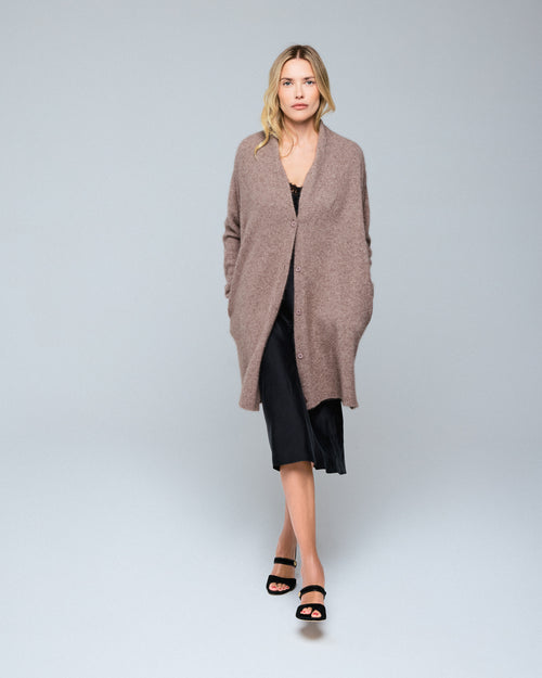 Gilet Beige Col Châle Manches Longues en Laine / Fox / Polyamide - MAJESTIC FILATURES