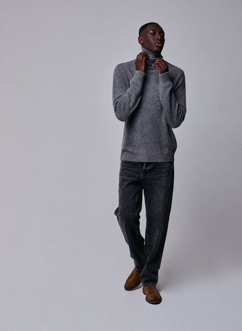 Pull Gris Col Roulé Manches Longues en Laine / Fox / Polyamide - MAJESTIC FILATURES
