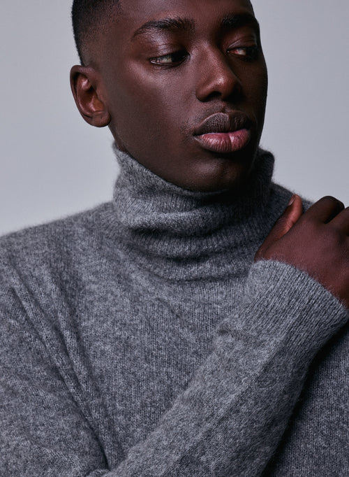 Pull Gris Col Roulé Manches Longues en Laine / Fox / Polyamide - MAJESTIC FILATURES