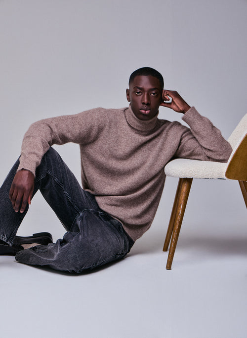 Pull Beige Col Roulé Manches Longues en Laine / Fox / Polyamide - MAJESTIC FILATURES