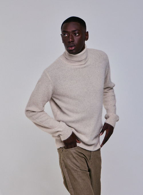 Pull Beige Col Roulé Manches Longues en Laine / Fox / Polyamide - MAJESTIC FILATURES