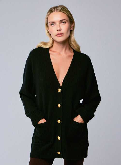 Jersey negro con cuello de pico y manga larga en lana / cachemir - MAJESTIC FILATURES