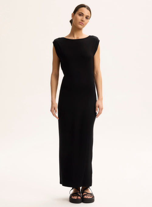 Schwarzes ärmelloses Kleid mit Wasserfallkragen aus Viskose - MAJESTIC FILATURES