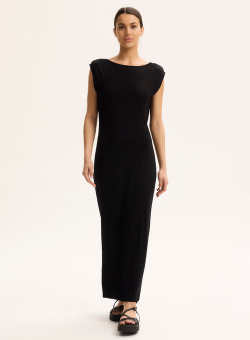 Schwarzes ärmelloses Kleid mit Wasserfallkragen aus Viskose - MAJESTIC FILATURES