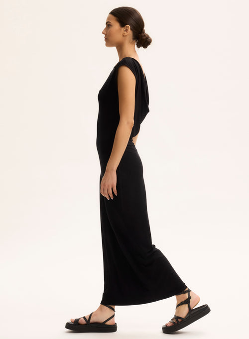 Schwarzes ärmelloses Kleid mit Wasserfallkragen aus Viskose - MAJESTIC FILATURES