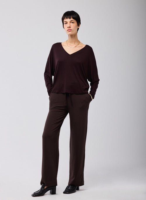 Morado Camiseta Cuello V Mangas Largas Viscosa Elastano - MAJESTIC FILATURES