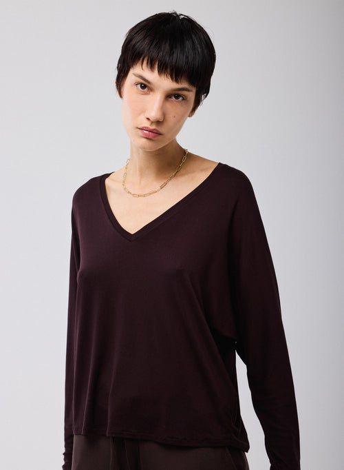 Morado Camiseta Cuello V Mangas Largas Viscosa Elastano - MAJESTIC FILATURES