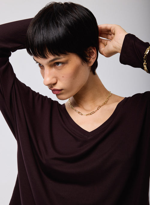 Morado Camiseta Cuello V Mangas Largas Viscosa Elastano - MAJESTIC FILATURES