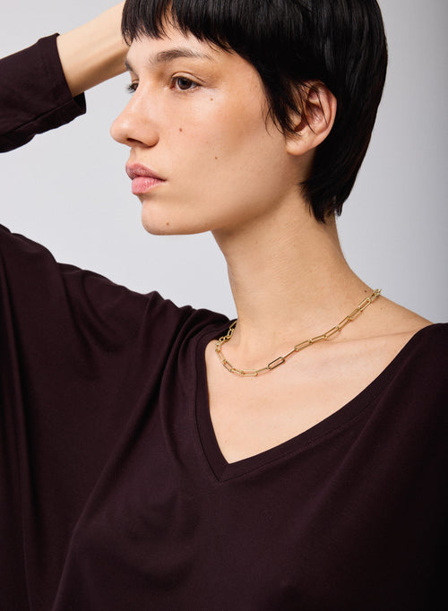 Morado Camiseta Cuello V Mangas Largas Viscosa Elastano - MAJESTIC FILATURES