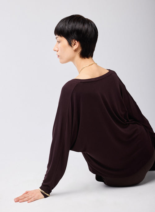 Morado Camiseta Cuello V Mangas Largas Viscosa Elastano - MAJESTIC FILATURES