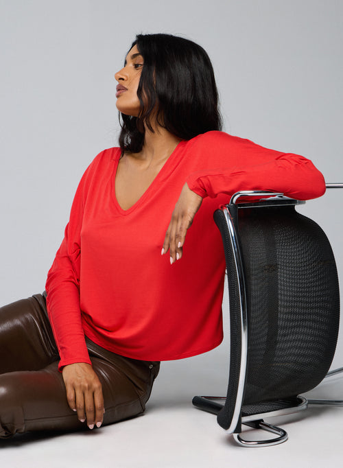 T-shirt Orange Col V Manches Longues en Viscose / Elasthanne - MAJESTIC FILATURES
