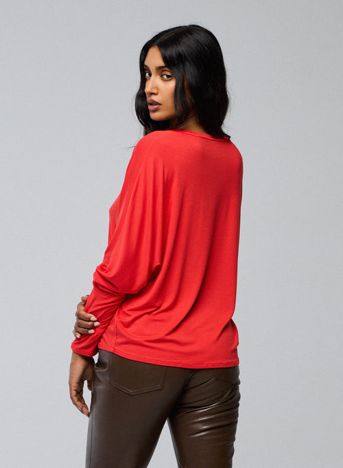 T-shirt Orange Col V Manches Longues en Viscose / Elasthanne - MAJESTIC FILATURES