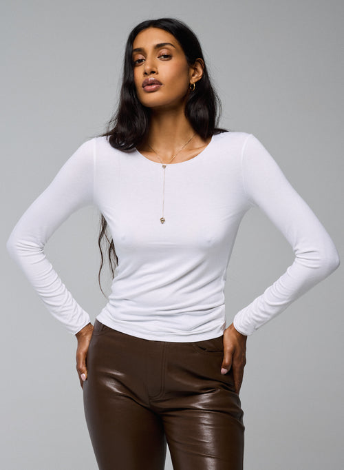 Second Skin White Long Sleeve Round Neck T-Shirt in Viscose and Elastane - MAJESTIC FILATURES