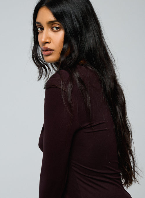 Aubergine Rundhalsausschnitt Langarm-T-Shirt aus Viskose / Elasthan - MAJESTIC FILATURES