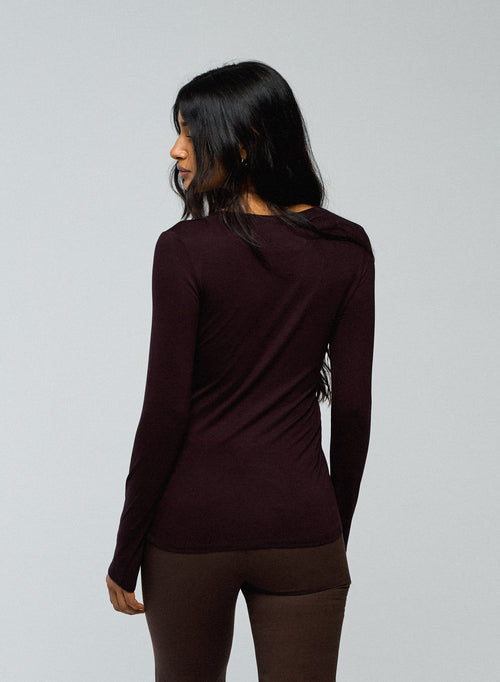 Aubergine Rundhalsausschnitt Langarm-T-Shirt aus Viskose / Elasthan - MAJESTIC FILATURES