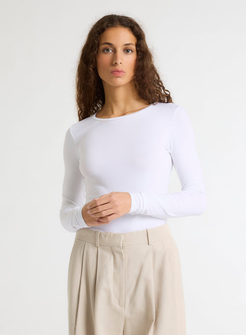 White Round Neck Long Sleeves T-shirt in Viscose / Elastane - MAJESTIC FILATURES