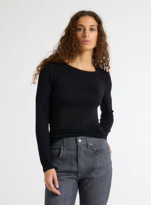 T-shirt Noir Col Rond Manches Longues en Viscose / Élasthanne - MAJESTIC FILATURES