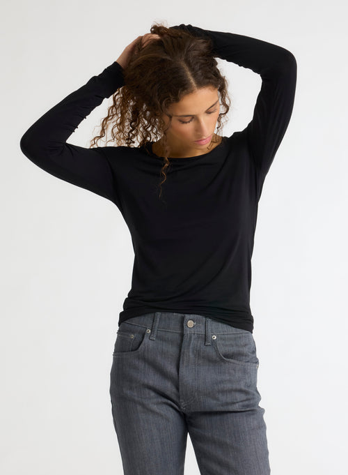 T-shirt Noir Col Rond Manches Longues en Viscose / Élasthanne - MAJESTIC FILATURES