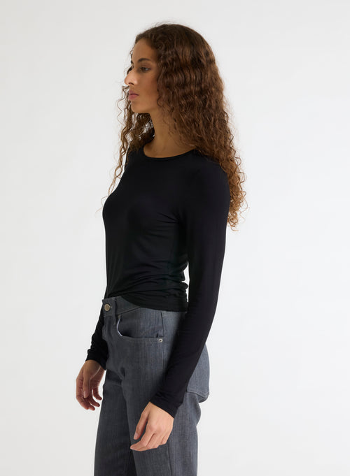 T-shirt Noir Col Rond Manches Longues en Viscose / Élasthanne - MAJESTIC FILATURES