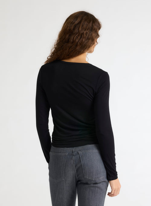 T-shirt Noir Col Rond Manches Longues en Viscose / Élasthanne - MAJESTIC FILATURES