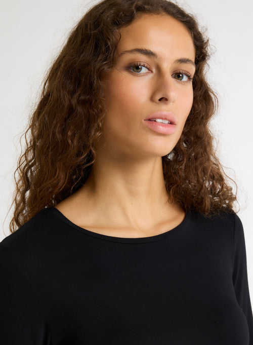 T-shirt Noir Col Rond Manches Longues en Viscose / Élasthanne - MAJESTIC FILATURES