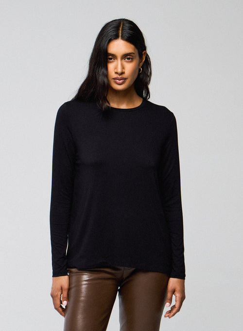 Camiseta negra de manga larga con cuello redondo en viscosa / elastano - MAJESTIC FILATURES