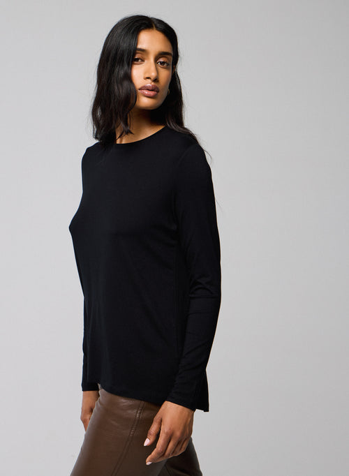 Camiseta negra de manga larga con cuello redondo en viscosa / elastano - MAJESTIC FILATURES