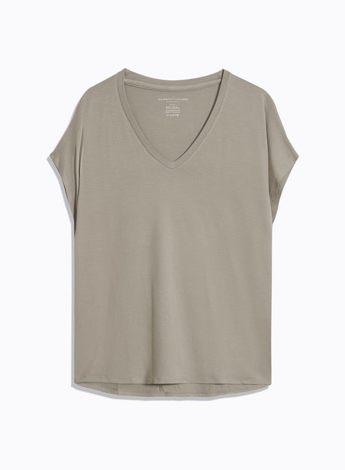 Beige Short Sleeve V-Neck T-Shirt in Viscose and Elastane - MAJESTIC FILATURES
