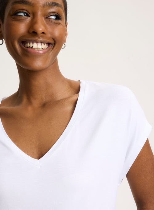 White V-neck T-shirt in Viscose and Elastane - MAJESTIC FILATURES