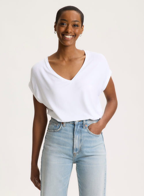 White V-neck T-shirt in Viscose and Elastane - MAJESTIC FILATURES