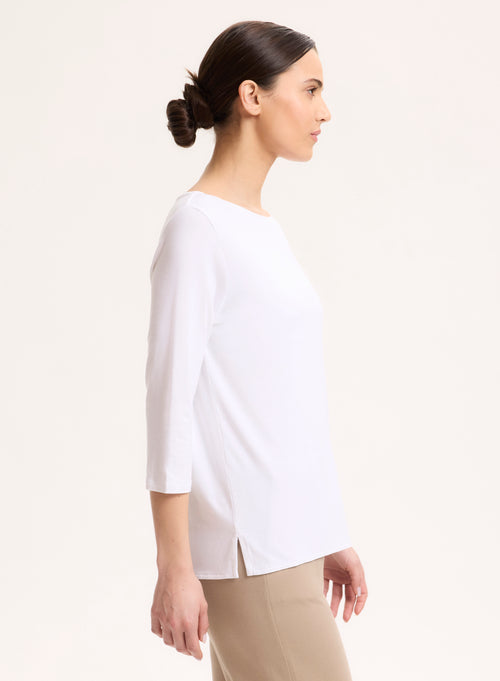 Camiseta blanca con cuello barco y mangas tres cuartos en viscosa / elastano - MAJESTIC FILATURES