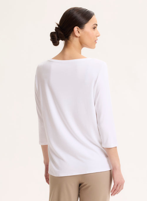 Camiseta blanca con cuello barco y mangas tres cuartos en viscosa / elastano - MAJESTIC FILATURES