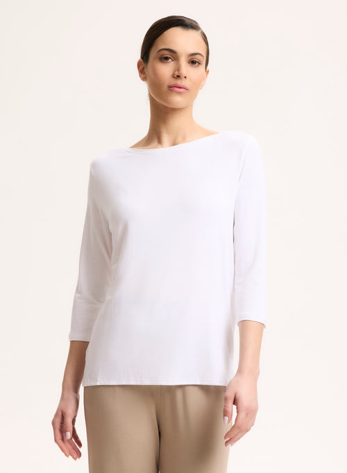 Camiseta blanca con cuello barco y mangas tres cuartos en viscosa / elastano - MAJESTIC FILATURES