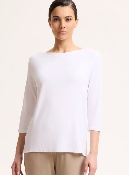 Camiseta blanca con cuello barco y mangas tres cuartos en viscosa / elastano - MAJESTIC FILATURES