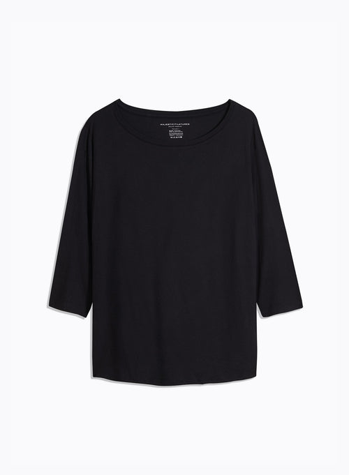 Camiseta azul marino de viscosa y elastano de manga 3/4 y cuello barco - MAJESTIC FILATURES
