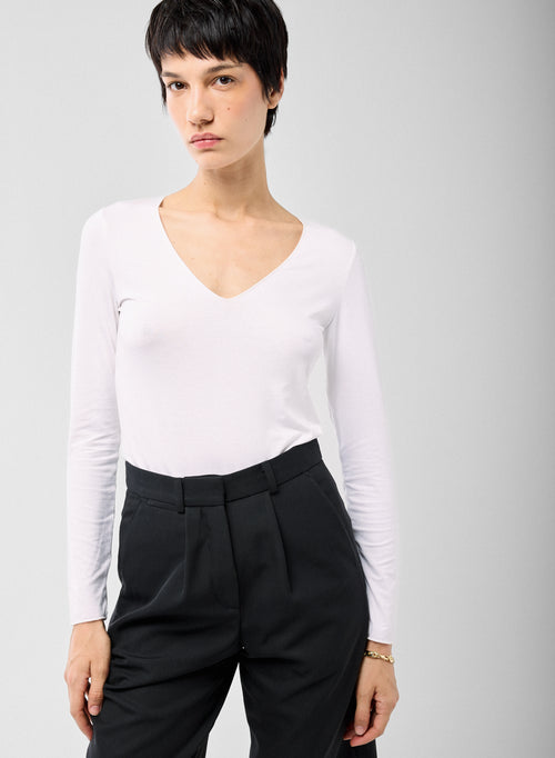 T-shirt Blanc Col V Manches Longues en Viscose et Élasthanne - MAJESTIC FILATURES