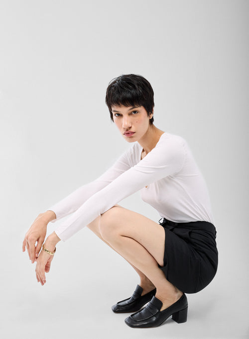 T-shirt Blanc Col V Manches Longues en Viscose et Élasthanne - MAJESTIC FILATURES