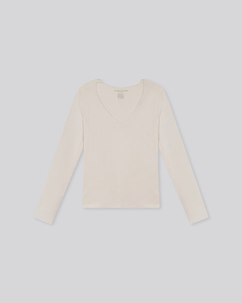 Blanco Camiseta Cuello V Mangas Largas Viscosa Elastano - MAJESTIC FILATURES