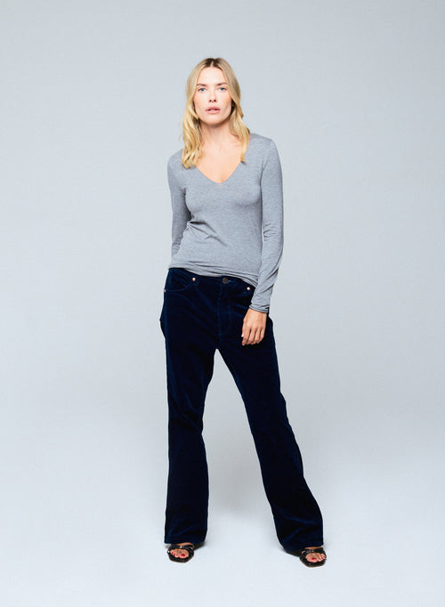 Grey V-neck Long Sleeve T-shirt in Viscose / Elastane - MAJESTIC FILATURES