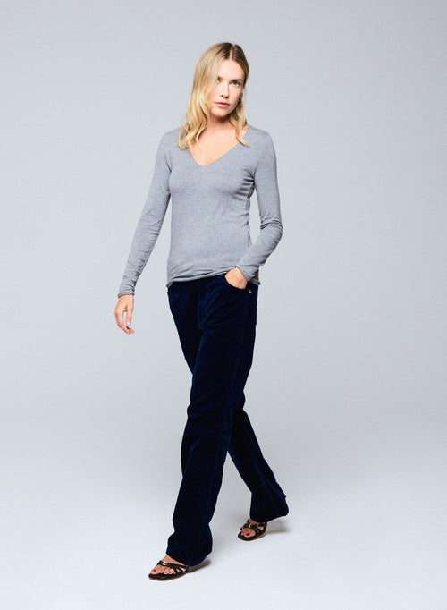 Grey V-neck Long Sleeve T-shirt in Viscose / Elastane - MAJESTIC FILATURES