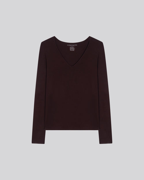 Camiseta de manga larga de viscosa / elastano con cuello en V berenjena - MAJESTIC FILATURES